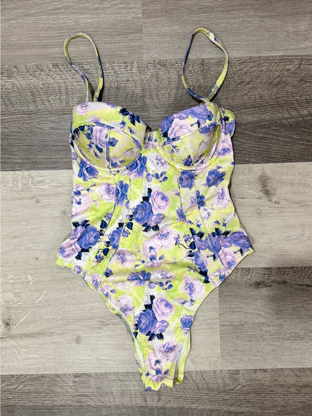 ASOS Swim US 6 A/B Lime Purple Floral Underwire Corset One Piece Swimsuit